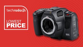 Blackmagic Design Cinema Camera 6K camera on a red background with lowest price text