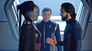 In "Star Trek: Discovery," Mary Chieffo stars as the Klingon L'Rell (left), Anson Mount is Captain Pike (center) and Shazad Latif plays Ash Tyler.