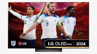 A 55-inch LG C4 OLED TV on a white background. On screen are three England football players celebrating.