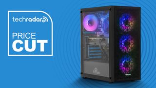 Yeiyan Yumi gaming desktop PC with RGB lighting on blue background and price cut sign