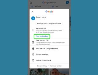 how to upload Google Photos - turn on backup