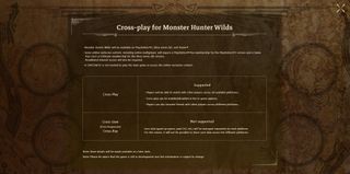 Screenshot of cross-play and cross-save info from Monster Hunter Wilds website