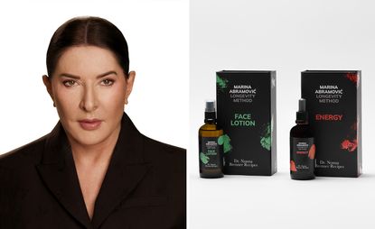 Artist Marina Abramović and The Marina Abramović Longevity Method Face Lotion and Energy Drops