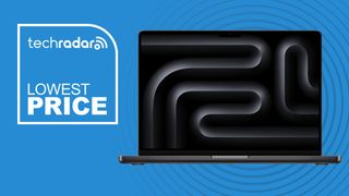 The M3 MacBook Pro 14-inch on a blue background with a TechRadar 'Lowest Price' badge.