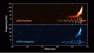 The historic detection of gravitational waves by the Laser Interferometer Gravitational-Wave Observatory is shown in this plot during a press conference in Washington, D.C. on Feb. 11, 2016.