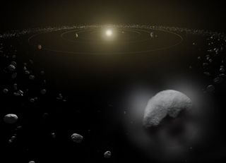 An artist's illustration of the asteroid belt between Mars and Jupiter, the main destination of the United Arab Emirates' second interplanetary mission.