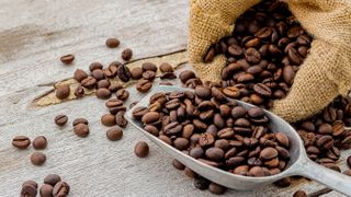 Coffee beans spilled from a sack with a metal scoop