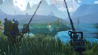 video game characters in a lush setting go fishing in a lake while wearing spacesuits