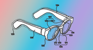 A line-drawing from a patent application for Samsung Smart Glasses atop a blue-purple gradient.