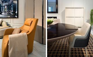 Tan leather armchair and glass table with beige leather chair