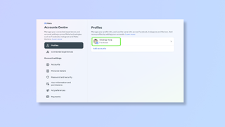 Screenshot of the Facebook website with a box highlighting the profile under Profiles in Accounts Centre. 