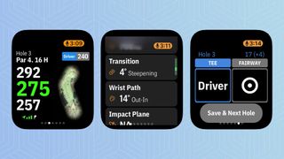 Three screenshots from the Golfshot Apple Watch app