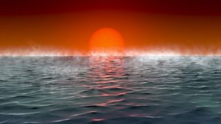 Artist's illustration of the view from the seas of a potentially habitable "Hycean" exoplanet.