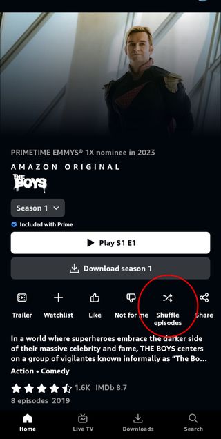 A screenshot from the Android Prime Video app with a red circle highlighting the "Shuffle" option