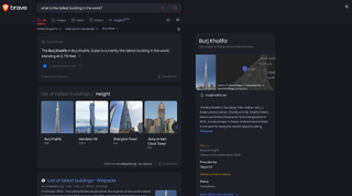 Brave Search AI-powered Summarizer tool displaying information on the tallest building in the world