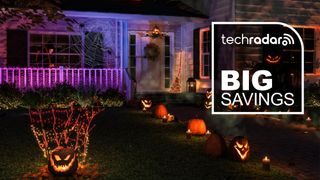 Front yard with Halloween decorations lit using Philips Hue smart lights