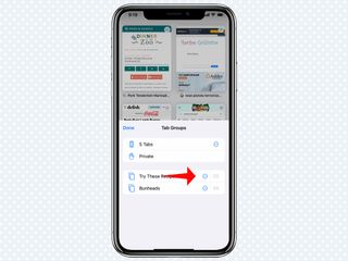 A red arrow points at the three dots button in the Tab Groups menu in Safari in iOS 15