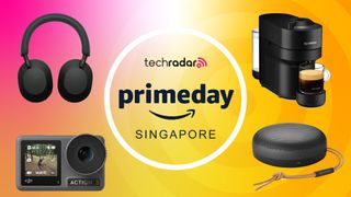 Sony WH-1000XM5, Nespresso Vertuo Pop, B&O Beosound A1 and DJI Osmo Action 3 camera on pink and yellow gradient background with "TechRadar Prime Day Singapore" text in the centre