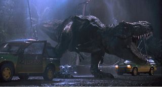 Tyrannosaurus rex roaring at cars in the movie Jurassic Park.