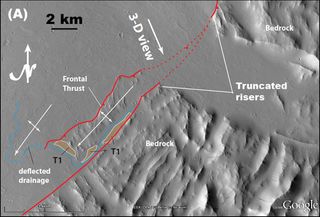 View of a stretch of land west of Olympus Mons, which has landforms that may be evidence of recent tectonic activity (interpreted image).