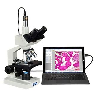Omax microscope on a white background