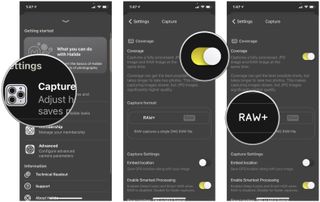 How to shoot RAW images on iPhone and iPad by showing steps: In Halide Settings, tap Capture, turn on Coverage, choose RAW+ or RAW