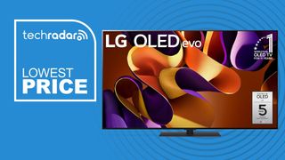 The LG G4 OLED TV with a sign saying 'Lowest price'