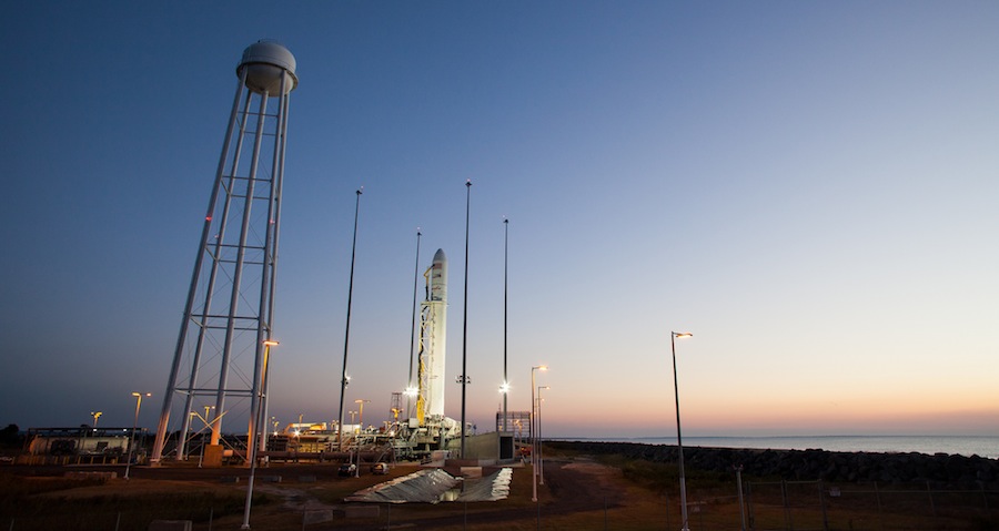 Antares on launch pad at sunrise