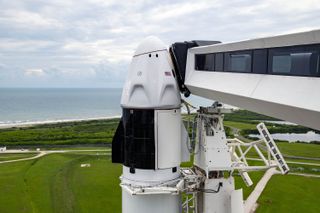 The SpaceX Falcon 9 rocket and Crew Dragon that will launch the private orbital spaceflight dubbed Inspiration4, as seen during launch preparations.