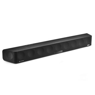 A black Sennheiser Ambeo Soundbar Max on a white background.