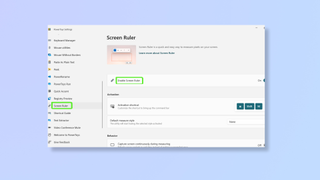 A screenshot of the PowerToys app, showing how to access and enable the Screen Ruler tool. 