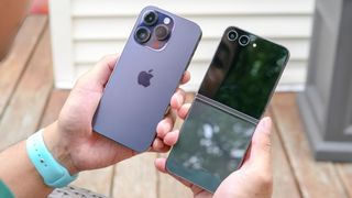 Apple iPhone 14 Pro Max vs. Samsung Galaxy Z Flip 5 side-by-side comparison.