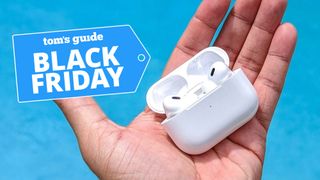 Apple AirPods Pro 2 USB-C in hand against a blue background with deal tag 