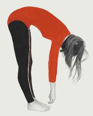 Pale grey background, side view of a girl with straight black hair falling forward, bending over to touch her bare feet, black leggings, red long sleeve leotard