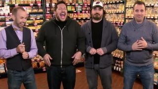 Murr, Sal, Q, and Joe laughing at pencils falling from Joe&#039;s butt.