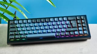 A black and blue Keychron Q7 wired mechanical keyboard that's made of metal