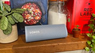 Sonos Roam on kitchen shelf with plants, cookbook and tea