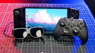 Legion Go, Legion Glasses and Xbox controller on desk 