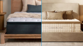 Versus image shows the Beautyrest Harmony Lux mattress on the left and the Cloverlane Hybrid mattress on the right