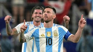 Argentina&#039;s forward #10 Lionel Messi celebrates ahead of the Argentina vs Colombia Copa America 2024 final.