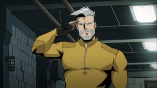 Frank Grillo's animated Rick Flag Sr. saluting in Creature Commandos series