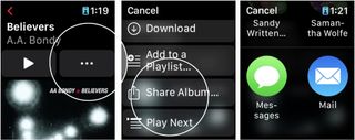 Share content via Messages and Email, tap a category and select the content you wish to share, then choose the ... box next to the Play button. Tap Share album, then choose Messages or Email to share the song.