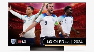 A 48-inch LG C4 OLED TV on a white background. On screen are three England football players celebrating.