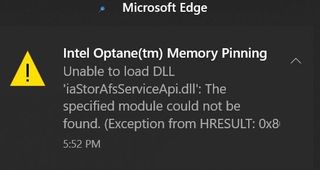 Intel Optane Error Windows 10 version 2004