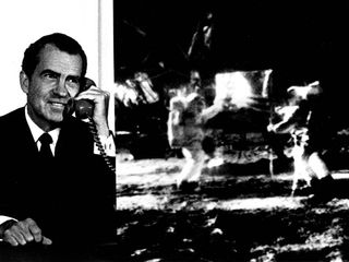 Composite photo of President Richard M. Nixon as he telephoned "Tranquility Base" and astronauts Neil Armstrong and Edwin "Buzz" Aldrin after their historic Apollo 11 moon landing on July 20, 1969.