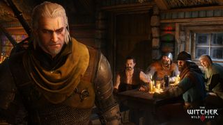 Witcher Geralt turns away from a group of men sitting at a tavern table