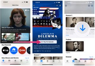 To select a TV show and start playing Apple TV+, tap on the TV app, then click on an Apple TV+ show on your Up Next list. You can also tap on a show under the What to Watch section. Click Play Episode. Click on the Download cloud to save the episode to watch offline.