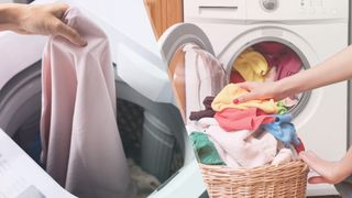 A front load washing machine being loaded next to a top load washer also being loaded, ready to demonstrate the difference between front load vs top load washer