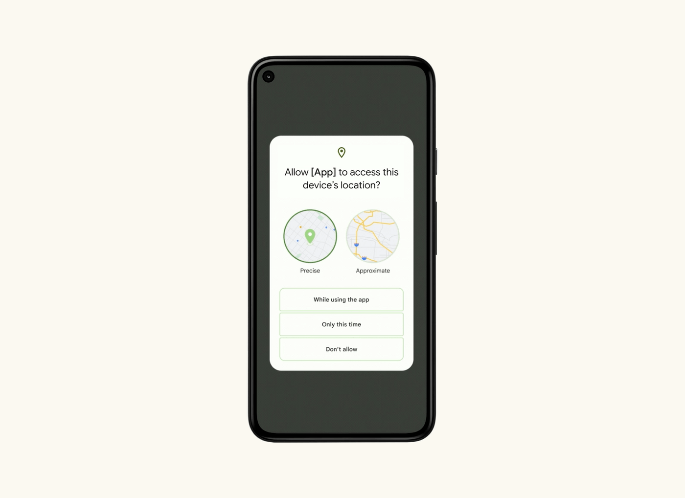 An animated GIF showing the approximate vs. precise location permissions in Android 12.