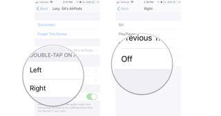 Instructions for how to change playback features on AirPods. Tap left or right, then tap off